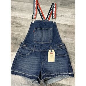 Levis Shortall Shorts Girls Size 14 Dark Wash Logo Straps NWT